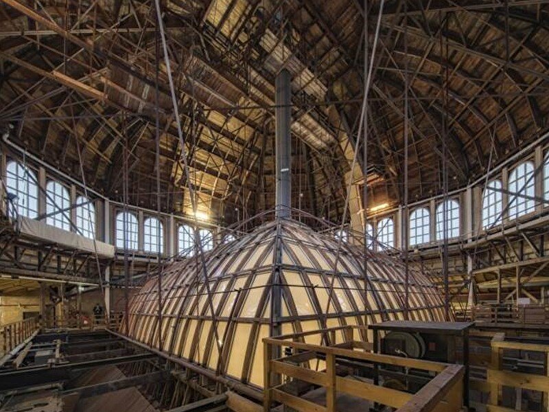 Interior of the wooden dome structure above the Kurhaus Kurzaal, with a view of the impressive roof truss.
